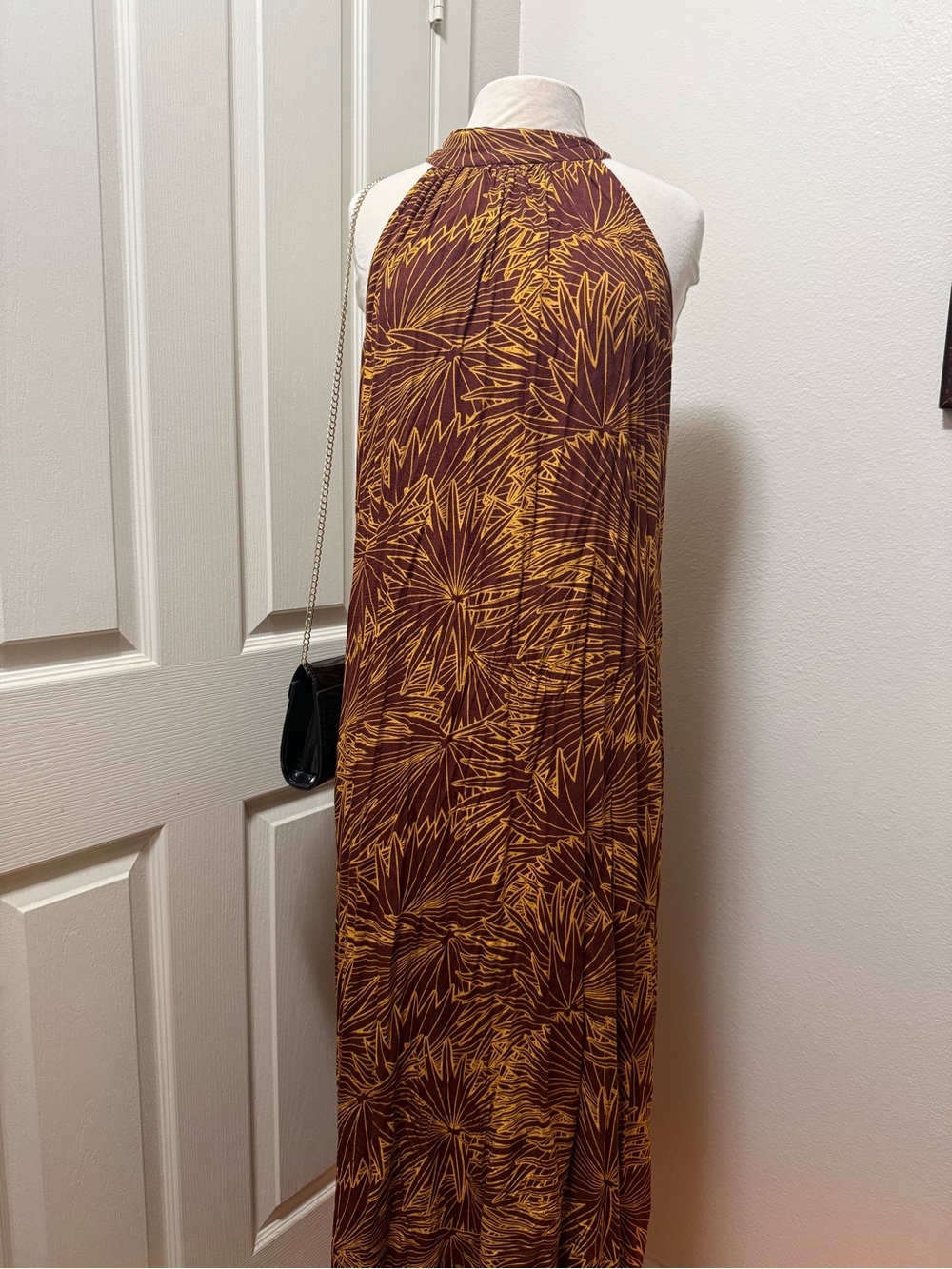 Hula Bay Halter Maxi Dress in Rust and Mustard Botanical Print